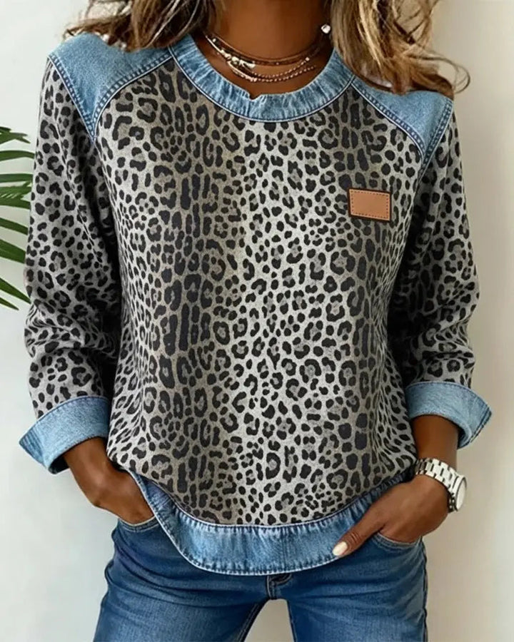 Averelisse - Casual Jeans Patchwork Leoprint Trui