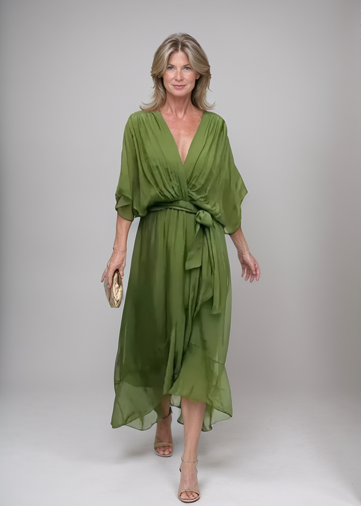 Milou™ | Chiffon midi-jurk met wikkel-look