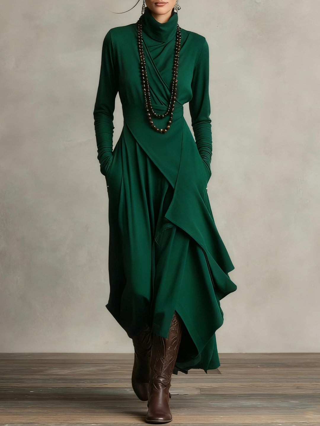 CLAIRE – ELEGANTE MAXI-JURK MET GEDRAPEERD ONTWERP EN HOGE HALS