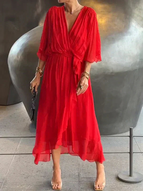 Milou™ | Chiffon midi-jurk met wikkel-look