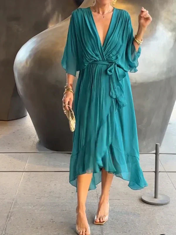 Milou™ | Chiffon midi-jurk met wikkel-look