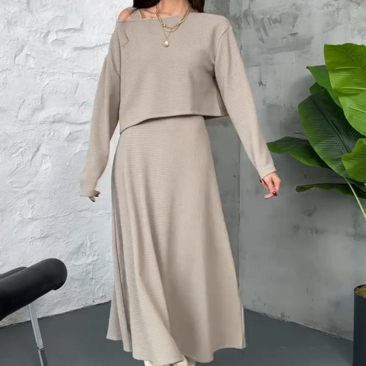 Kalissavine - Gebreide Twee-delige Set voor Dames – Midi Jurk & Elegante Korte Top